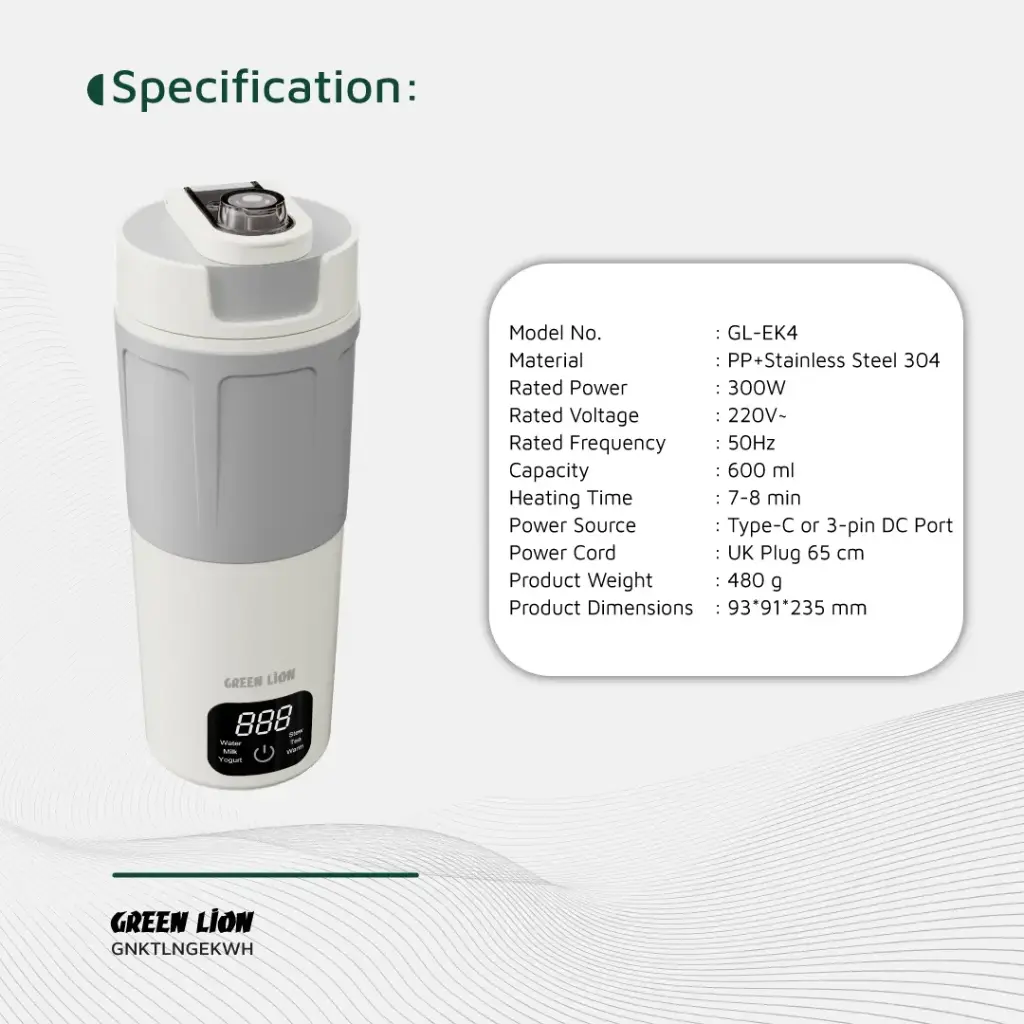 کتری برقی 600 میلی لیتری گرین Green Lion Kettle & Go Electric 600mL